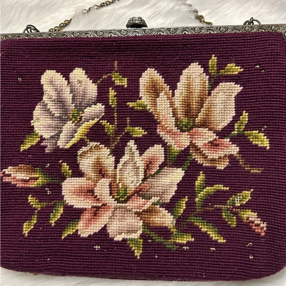 1950’s Style Vintage Needlepoint Floral Embroidered Burgundy Handbag - Picture 2 of 12